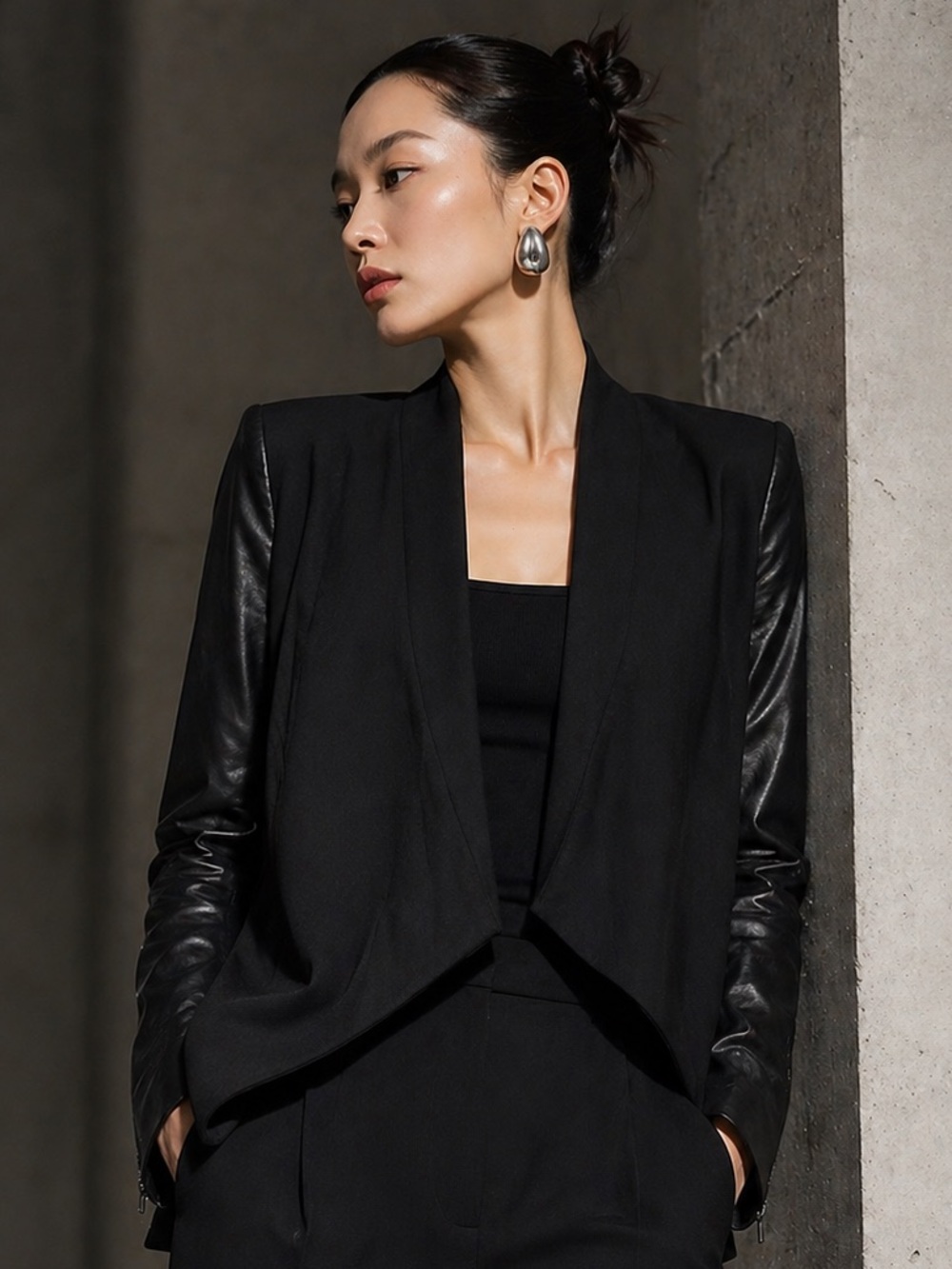 BCBGMaxAzria Black Draped Blazer with Leather Sleeves XS